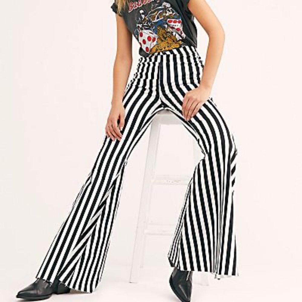 Free People Black/White Striped Super Flare Jeans